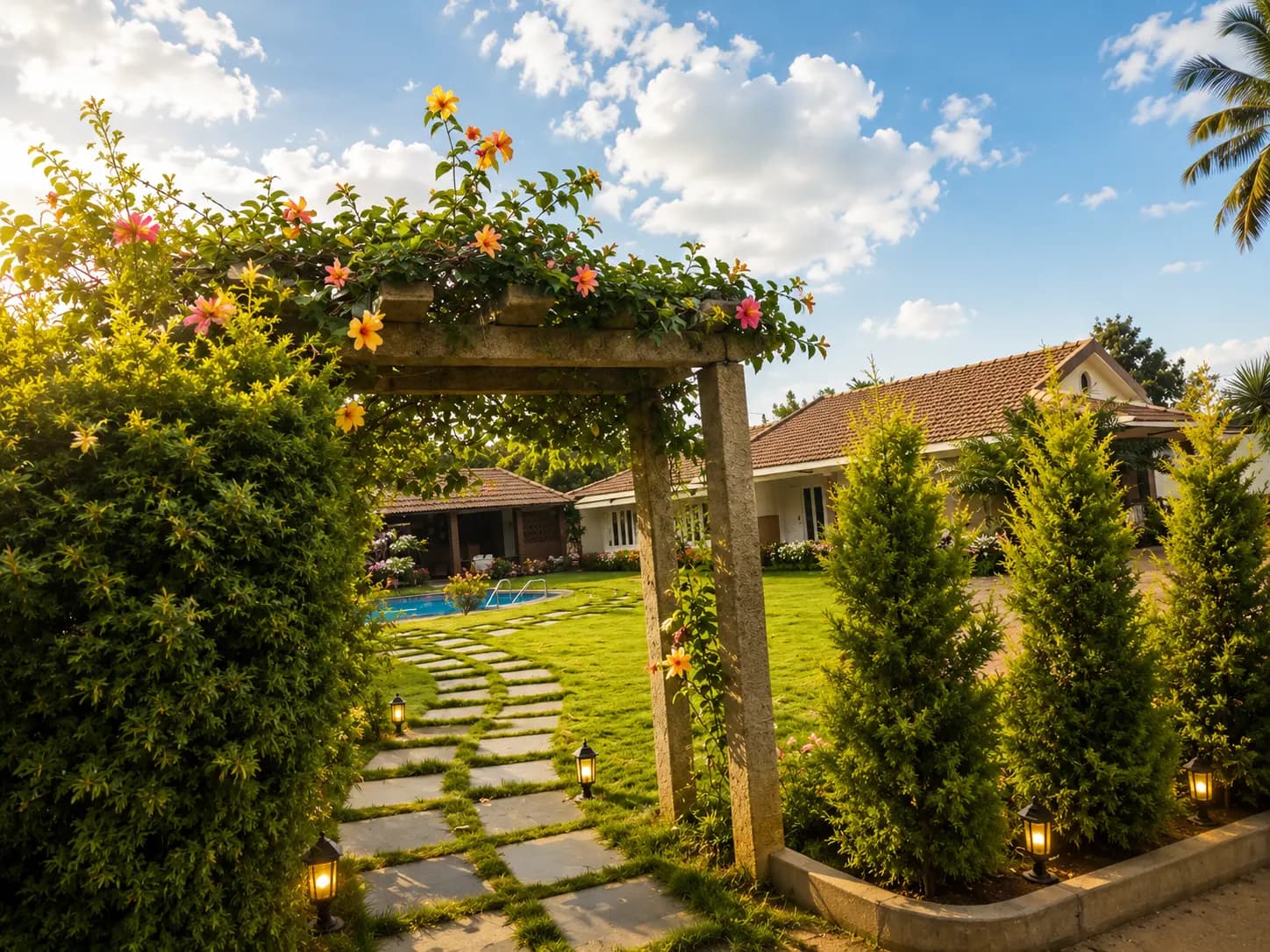 The villa exterior with garden