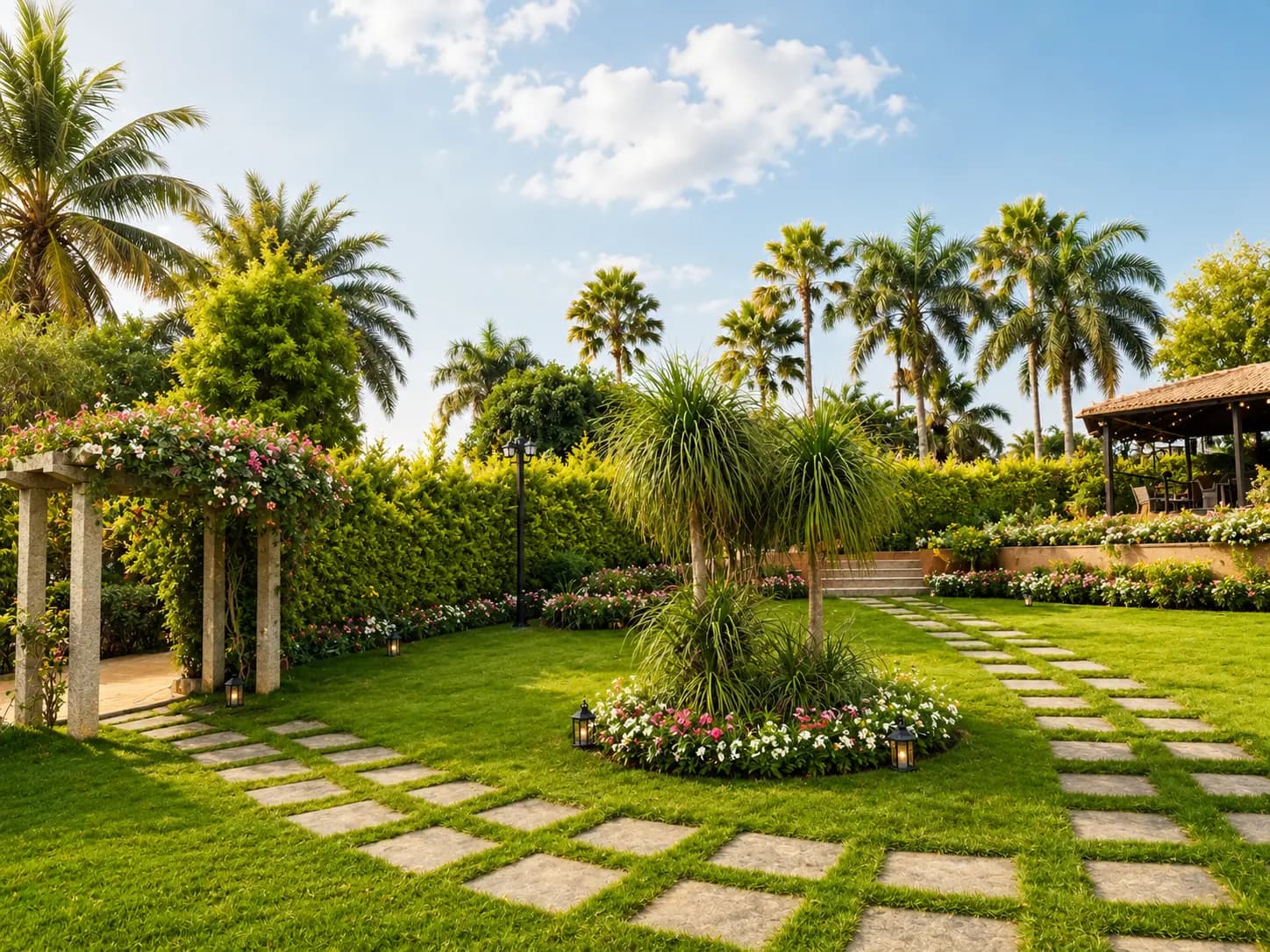 The lawn at Simhavana, golden hour